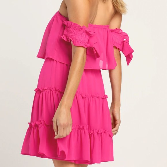NWT Lulus Tiers to My Heart Hot Pink Off-the-Shoulder Ruffled Mini Dress - Picture 2 of 6
